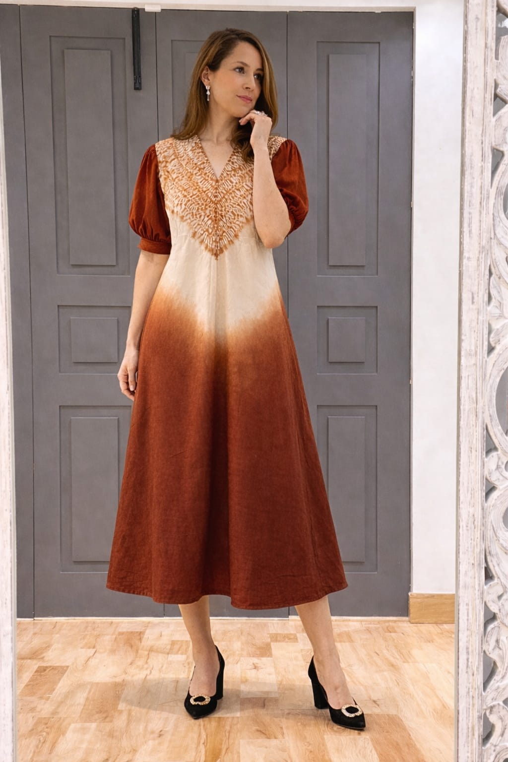 Brown Tie-Dye A-Line Midi Dress with V-Neck