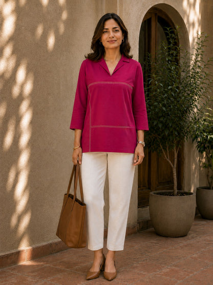 Women’s Solid Tunic Kurti – Relaxed Fit, V-Neck