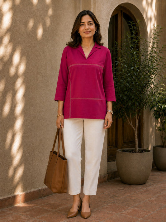 Women’s Solid Tunic Kurti – Relaxed Fit, V-Neck