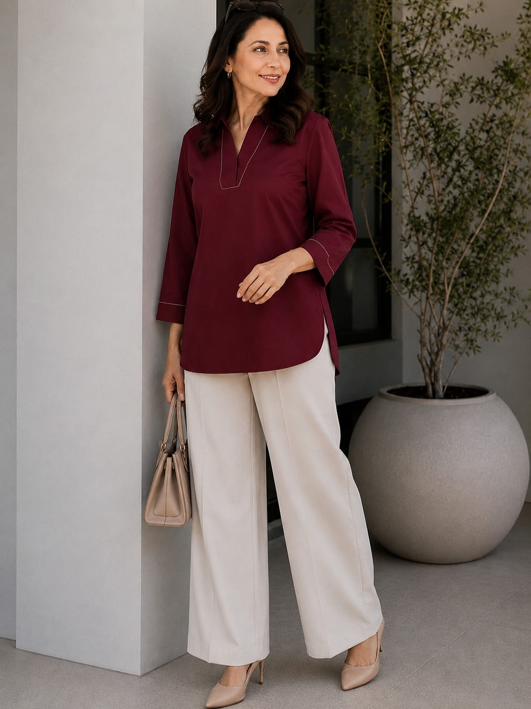 Women's Cotton Blend Tunic Top with Contrast Stitching | Mehroon/Mustard and Majenda pink