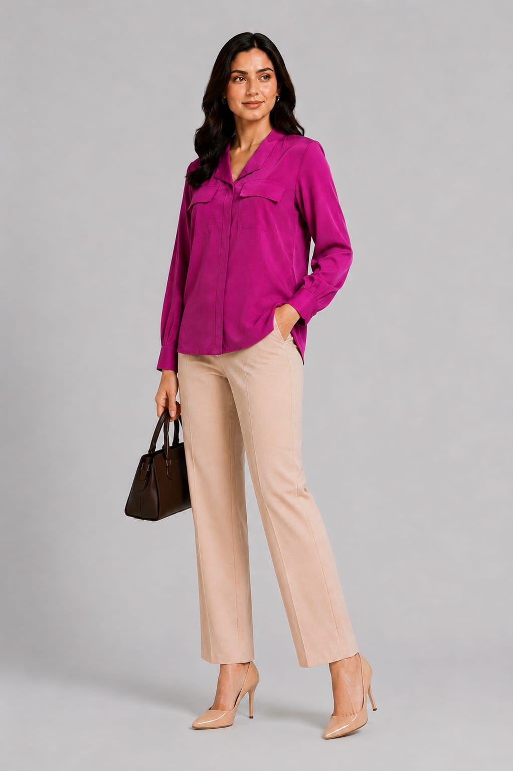 Women’s Solid Brown Relaxed Fit Top with Flap