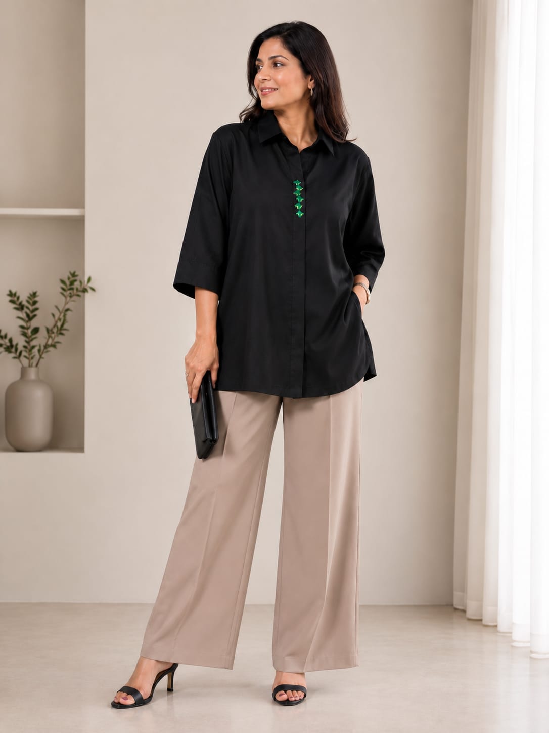 Women’s Elegant Button-Front Relaxed Fit Shirt | 3/4 Sleeve Casual Top
