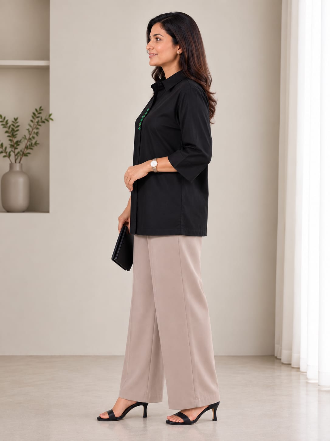 Women’s Elegant Button-Front Relaxed Fit Shirt | 3/4 Sleeve Casual Top