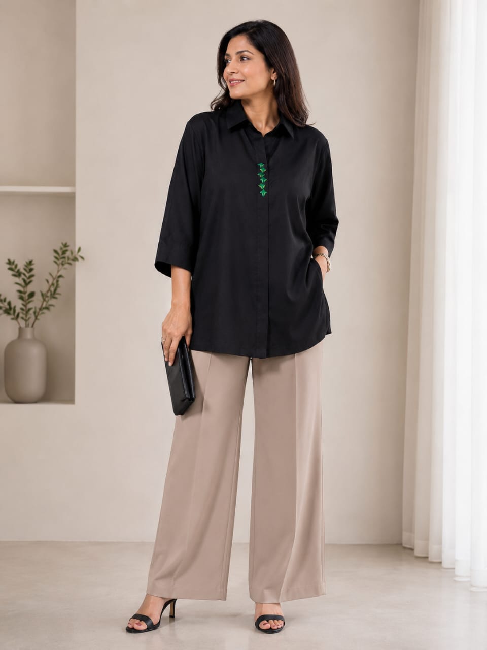 Women’s Elegant Button-Front Relaxed Fit Shirt | 3/4 Sleeve Casual Top