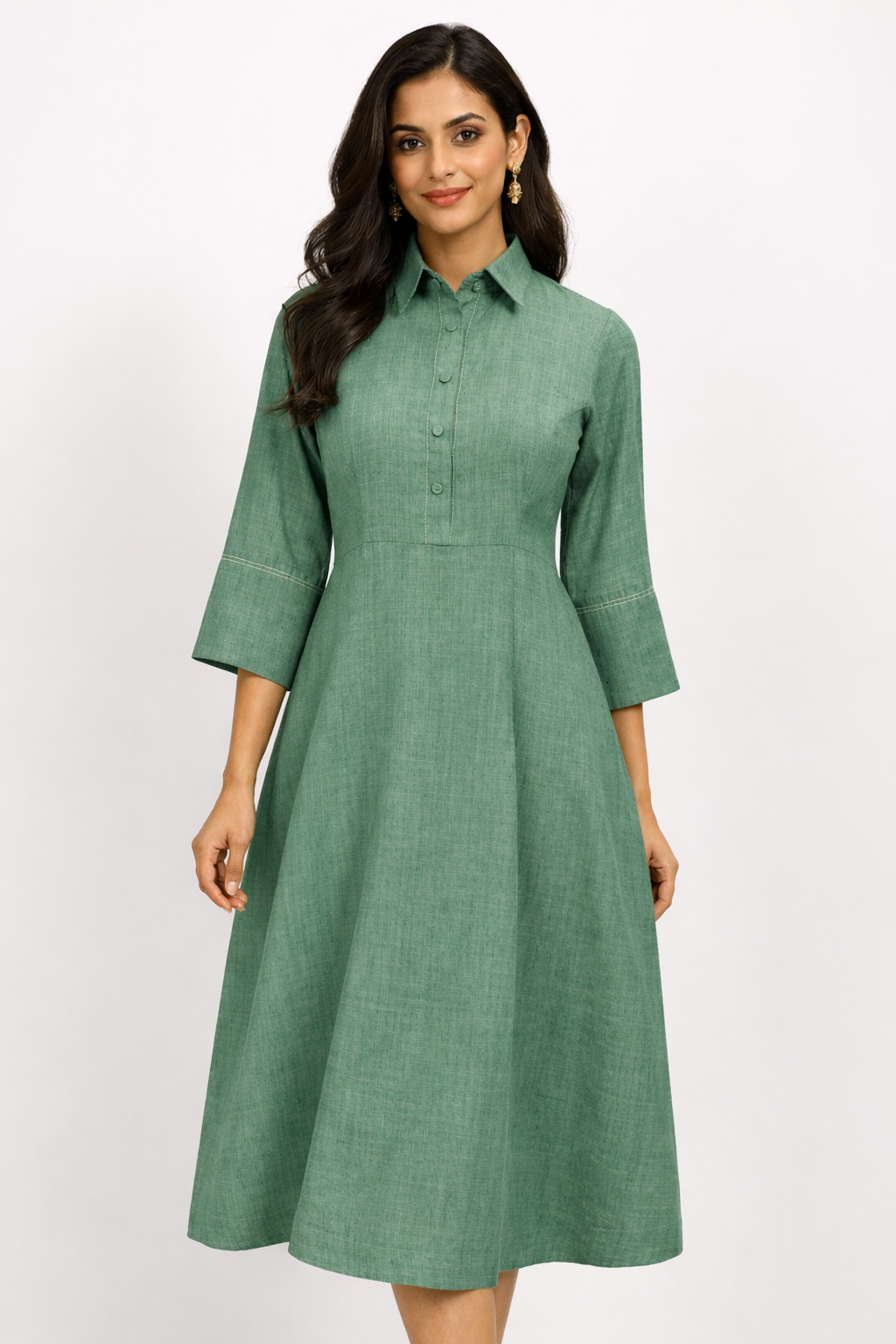 Brown Textured Cotton Linen A-Line Midi Dress