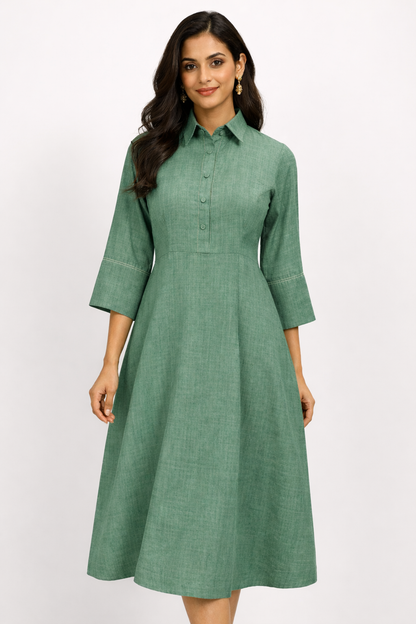 Brown Textured Cotton Linen A-Line Midi Dress