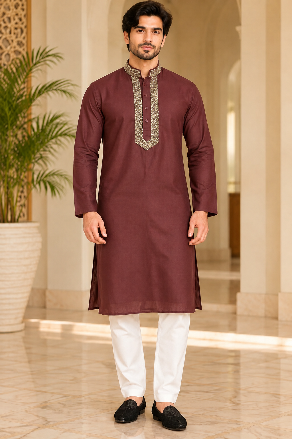 Men's Embroidered Straight Kurta with Mandarin Collar and intricate detailing of cutdana