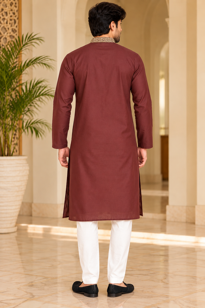 Men's Embroidered Straight Kurta with Mandarin Collar and intricate detailing of cutdana