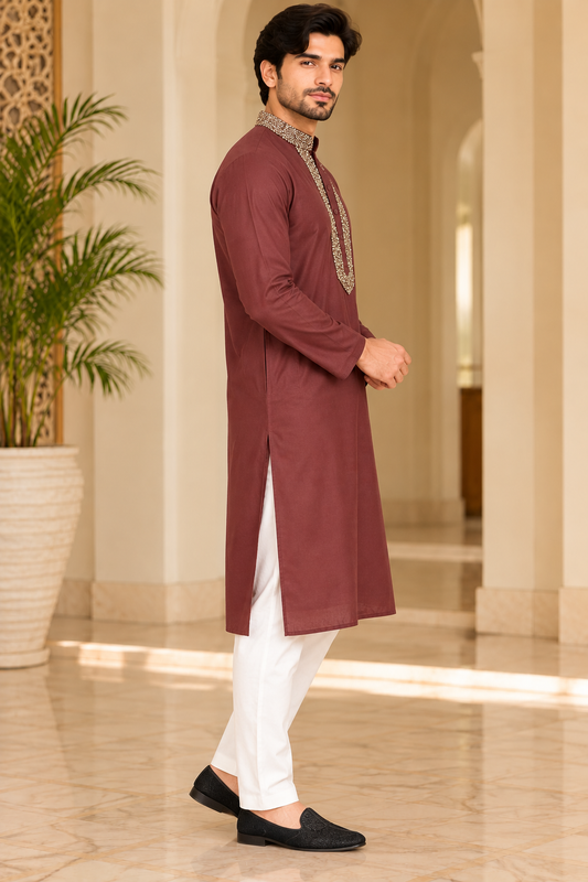 Men's Embroidered Straight Kurta with Mandarin Collar and intricate detailing of cutdana