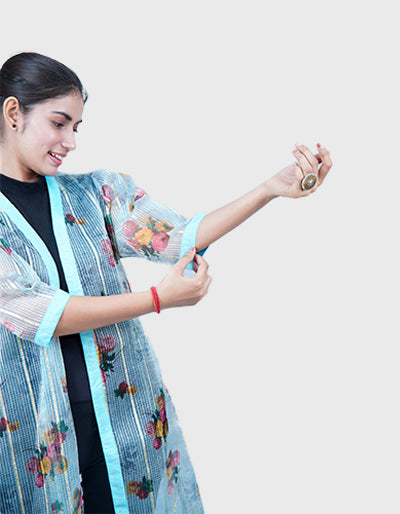 Elegant Transparent Long Shrug with Puff Sleeves & Textured Print – Party Wear Layer for Indian & Western Outfits