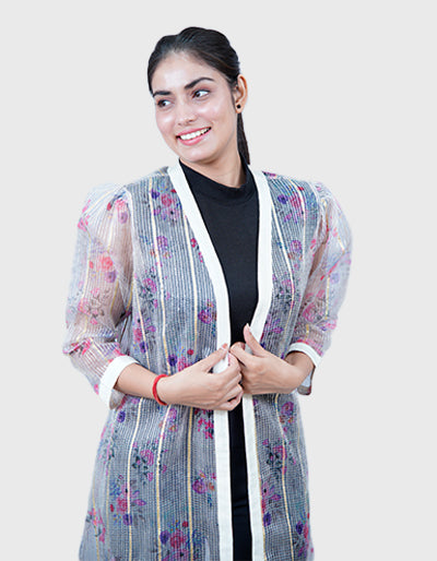 Elegant Transparent Long Shrug with Puff Sleeves & Textured Print – Party Wear Layer for Indian & Western Outfits