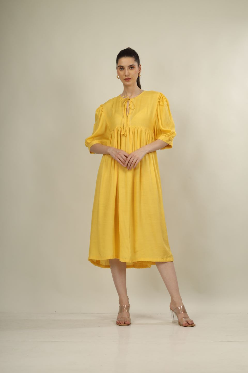 Bright Yellow Yoke Dress with Puff Sleeves | Stylish Everyday Wear
