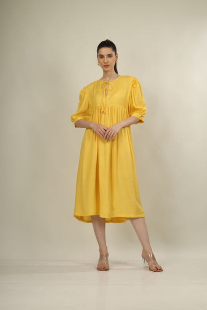 Bright Yellow Yoke Dress with Puff Sleeves | Stylish Everyday Wear