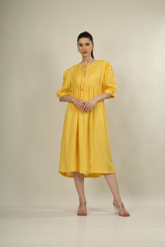Bright Yellow Yoke Dress with Puff Sleeves | Stylish Everyday Wear