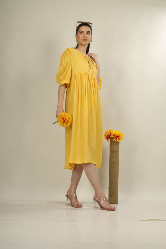 Bright Yellow Yoke Dress with Puff Sleeves | Stylish Everyday Wear