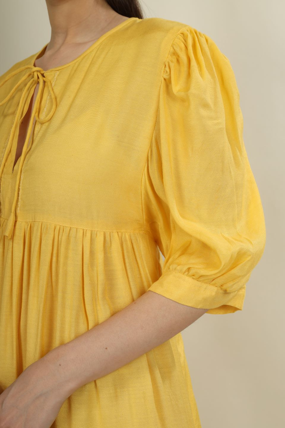 Bright Yellow Yoke Dress with Puff Sleeves | Stylish Everyday Wear