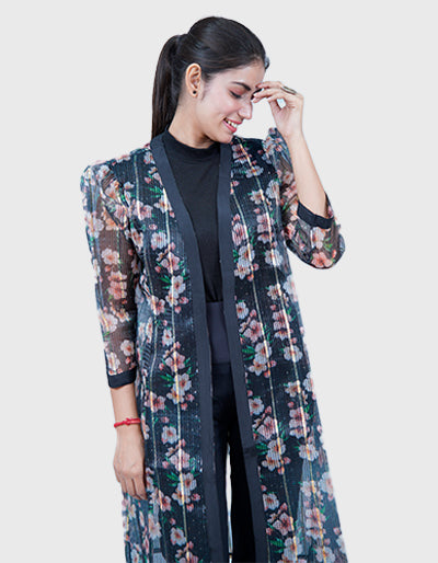 Transparent Long Shrug with Puff Sleeves & Textured Print – Party Wear for Indian & Western Outfits