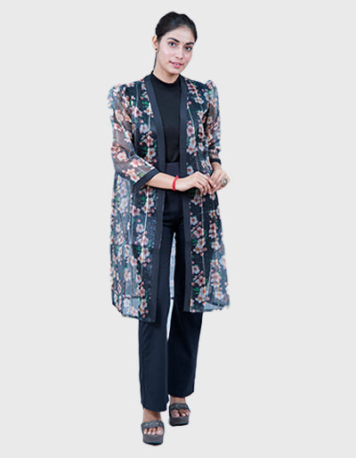 Transparent Long Shrug with Puff Sleeves & Textured Print – Party Wear for Indian & Western Outfits