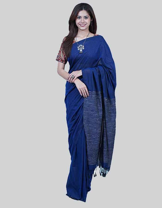 Blue linen saree with border and tesel on the pallu