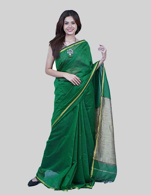 Chanderi green saree with dull gold border and pallu.