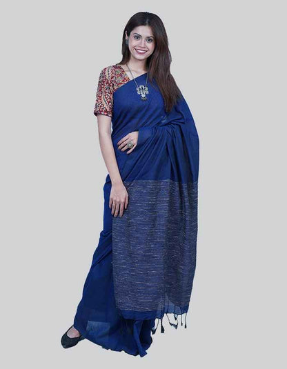 Blue linen saree with border and tesel on the pallu