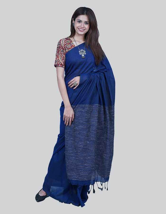 Blue linen saree with border and tesel on the pallu