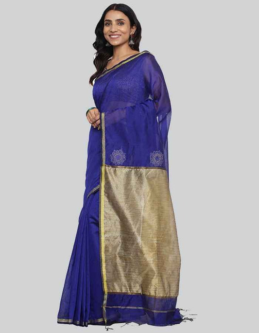 Purple Chanderi saree with dull golden pallu and embroidery on the pallu
