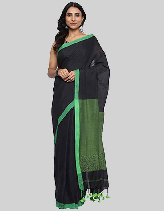 Linen Black saree with embroidery on pallu.This Black saree has green border and green pallu