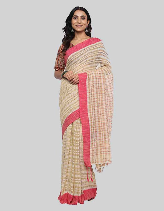 Offwhite saree with pink border and slub texture is perfect workwear and evening wear.