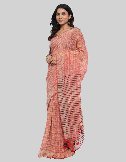 Gitcha silk peach pink with red contrast tesel and self stripe.