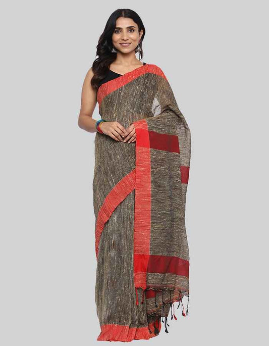Gitcha Silk dark beige with red border saree with tessel is perfect work wear saree .