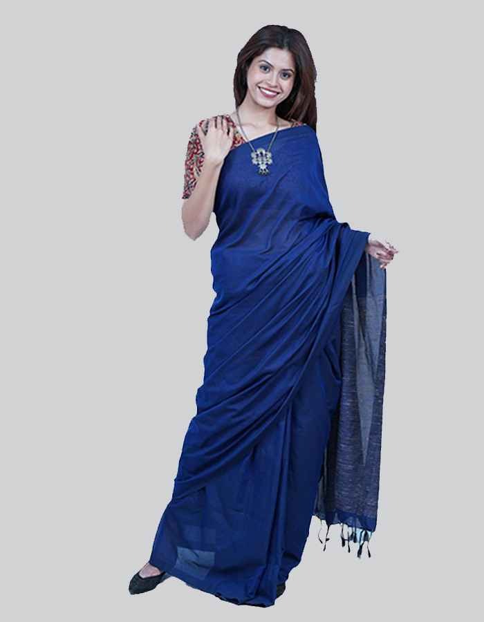 Blue linen saree with border and tesel on the pallu