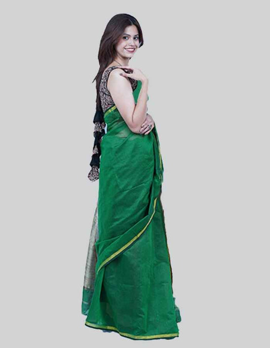 Chanderi green saree with dull gold border and pallu.