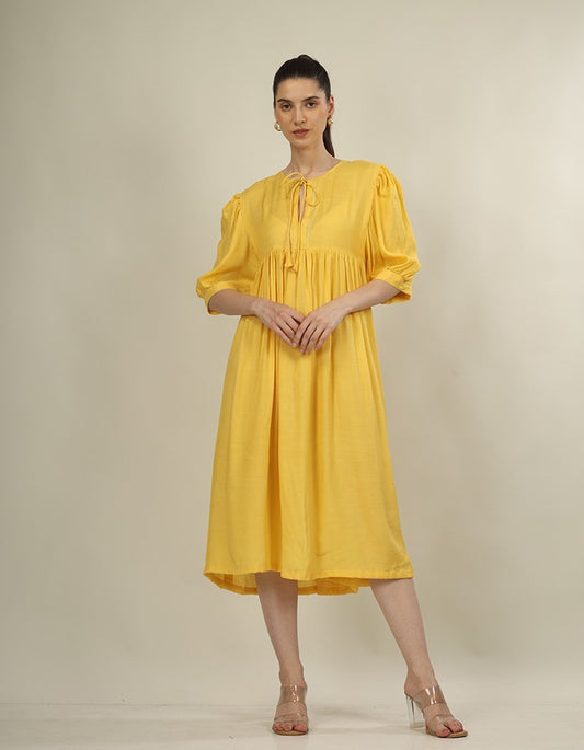 Bright yellow dress yoke dress and puff sleeves is perfect summer wear dress