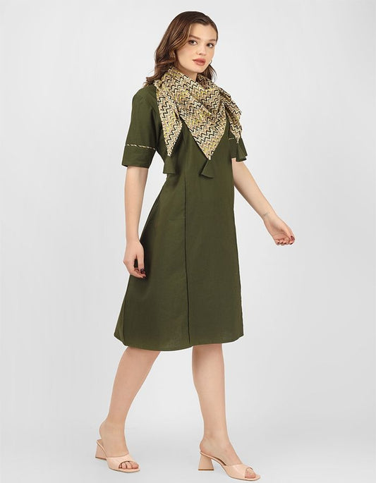 Cotton A-line straight dress with short sleeves and trendy cotton scarf