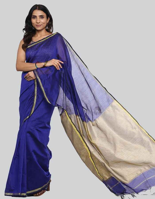 Purple Chanderi saree with dull golden pallu and embroidery on the pallu