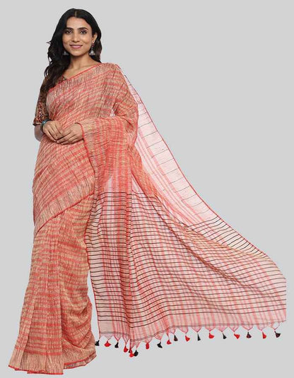 Gitcha silk peach pink with red contrast tesel and self stripe.