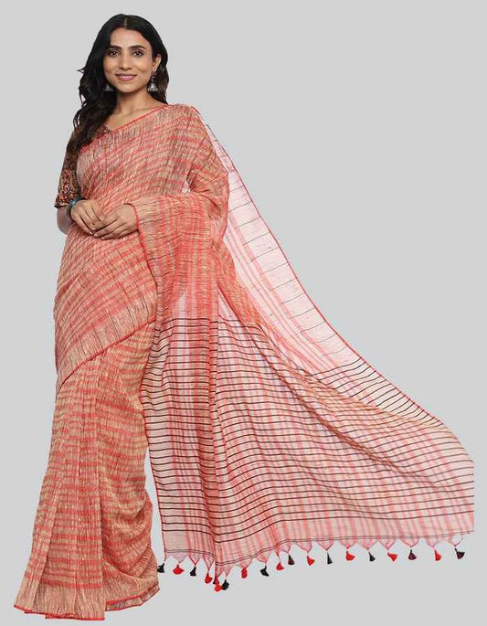 Gitcha silk peach pink with red contrast tesel and self stripe.