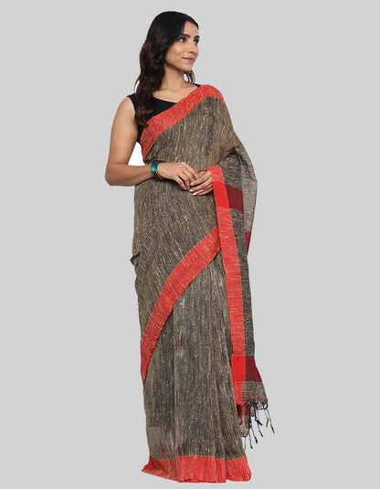 Gitcha Silk dark beige with red border saree with tessel is perfect work wear saree .