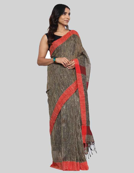 Gitcha Silk dark beige with red border saree with tessel is perfect work wear saree .