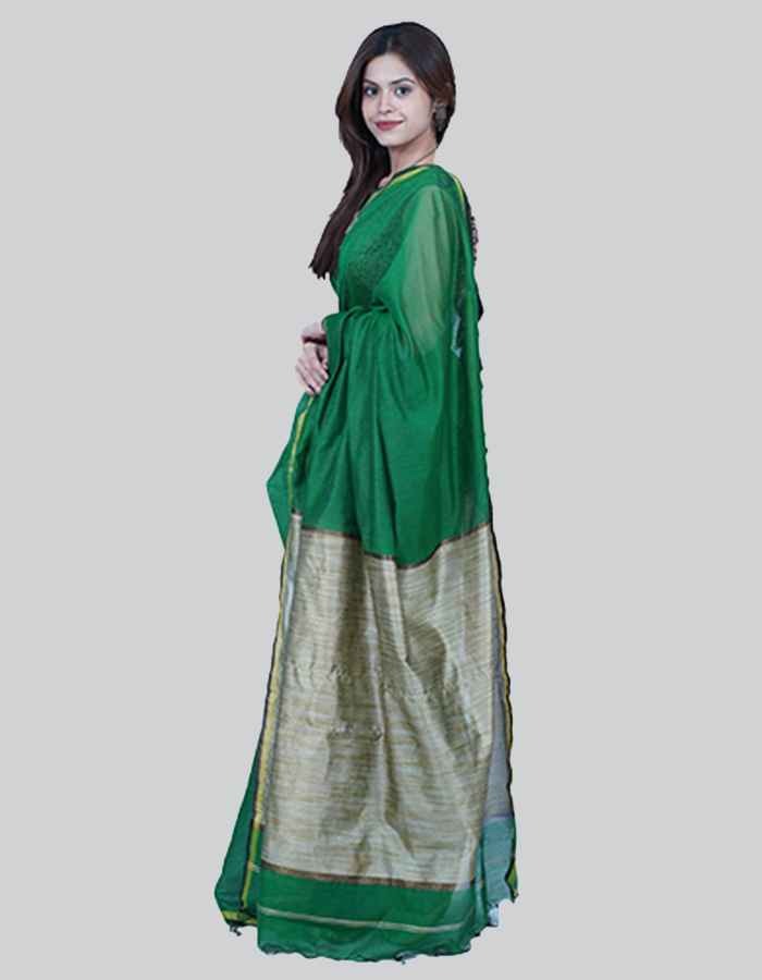 Chanderi green saree with dull gold border and pallu.