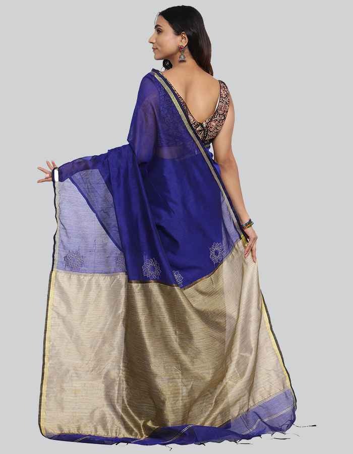 Purple Chanderi saree with dull golden pallu and embroidery on the pallu