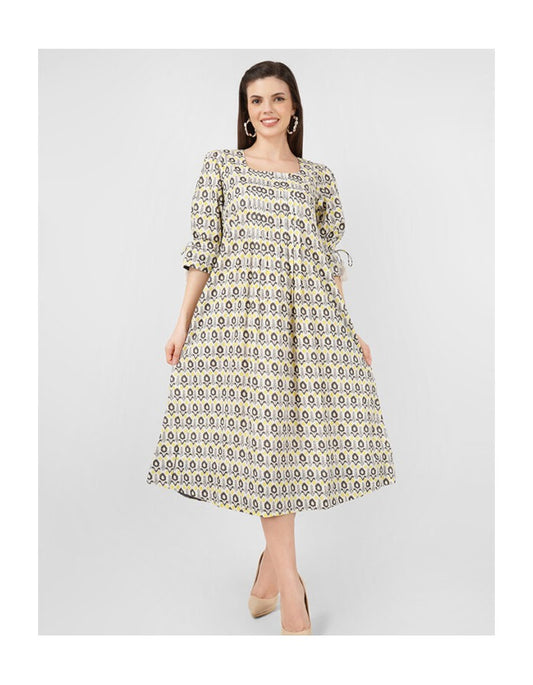 Cotton U-Neck Dress with Flared Sleeves and Side Tassel