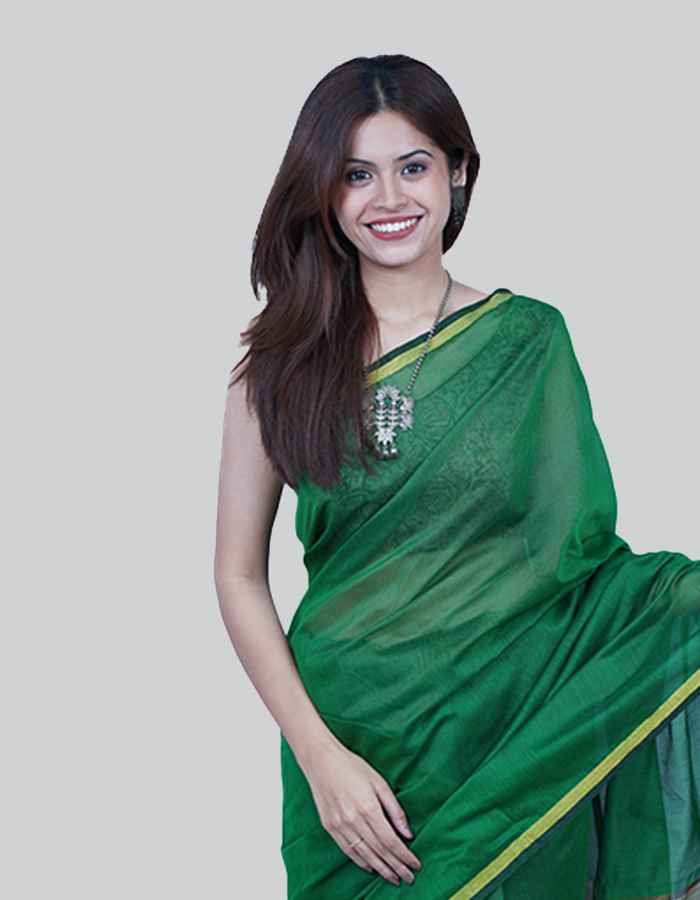 Chanderi green saree with dull gold border and pallu.