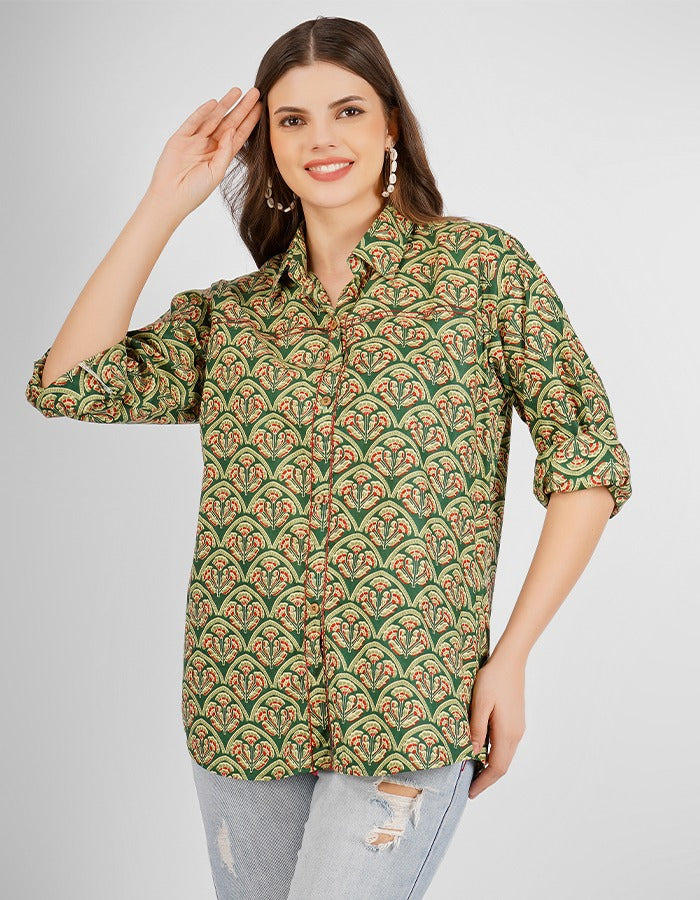 Cotton stylish front open printed shirt