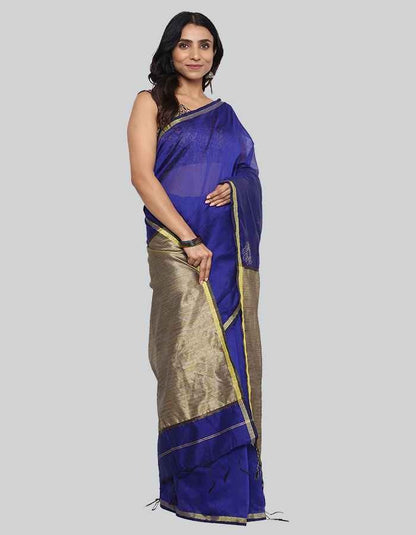 Purple Chanderi saree with dull golden pallu and embroidery on the pallu