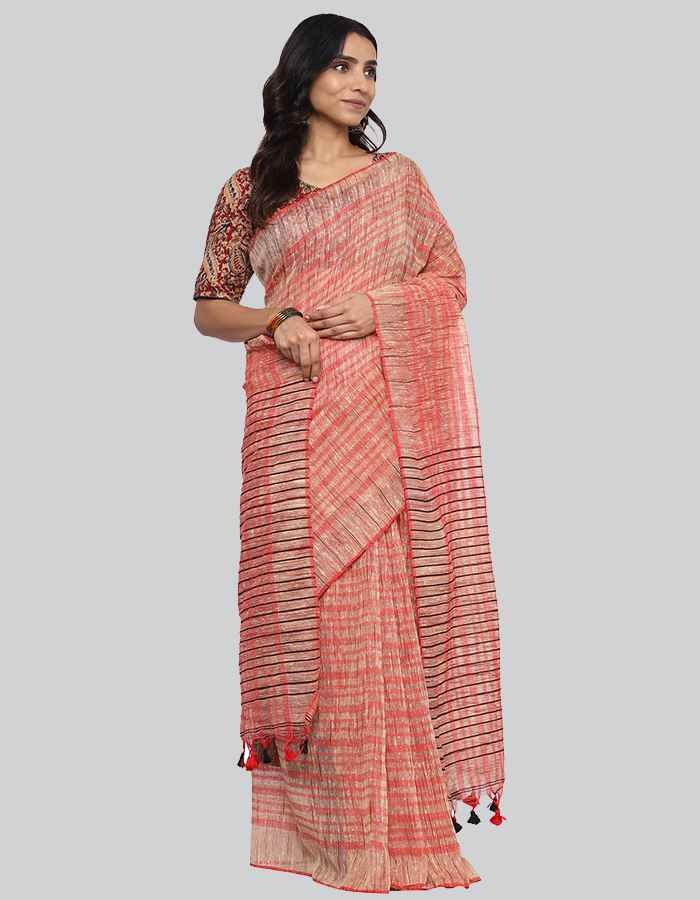 Gitcha silk peach pink with red contrast tesel and self stripe.