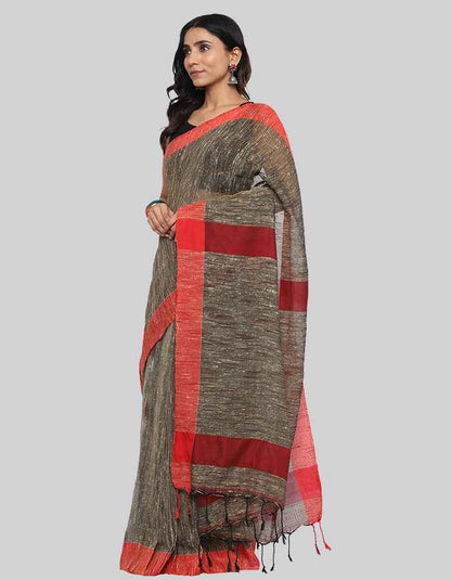 Gitcha Silk dark beige with red border saree with tessel is perfect work wear saree .