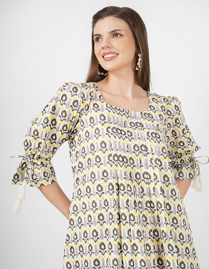 Cotton U-Neck Dress with Flared Sleeves and Side Tassel