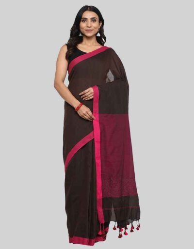 Linen Brown saree with contrast border and embroidery on pallu